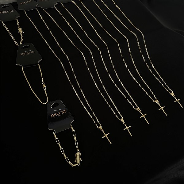 5 correntes cadeado + pingente cruz amarrada 2mm ( 70cm) + 3 pulseiras