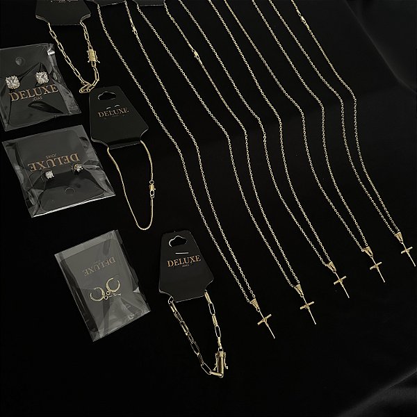 5 correntes cadeado + pingente cruz amarrada 2mm ( 70cm) + 3 pulseiras + 3 brincos