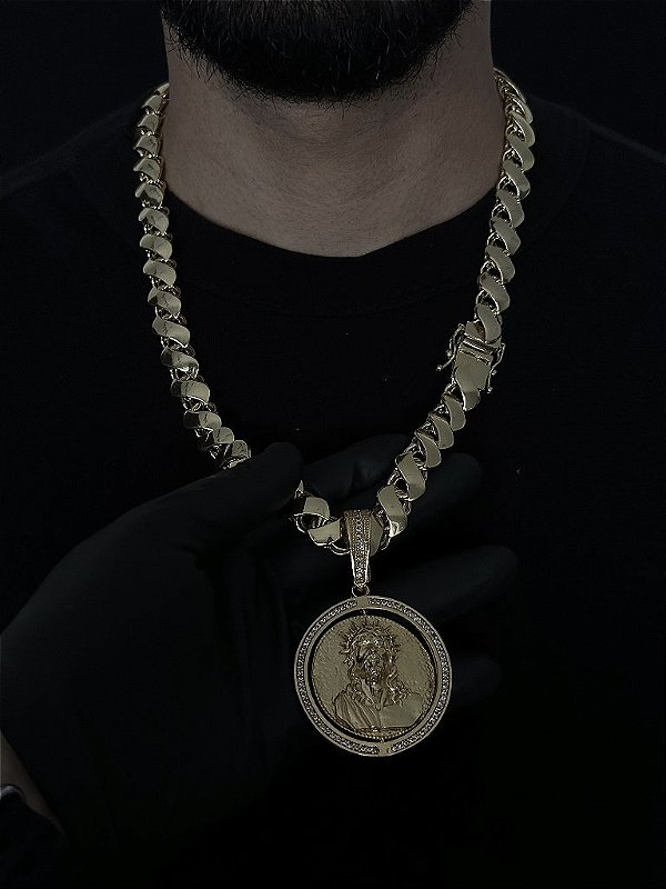 CORRENTE FRISO S DUPLA FACE( 13mm- 70cm) + PINGENTE MEDALHA DUPLA NOSSA SENHORA JESUS ROTATÓRIA  -FECHO COM MARCAÇÃO 750 - BANHADO A OURO 18K