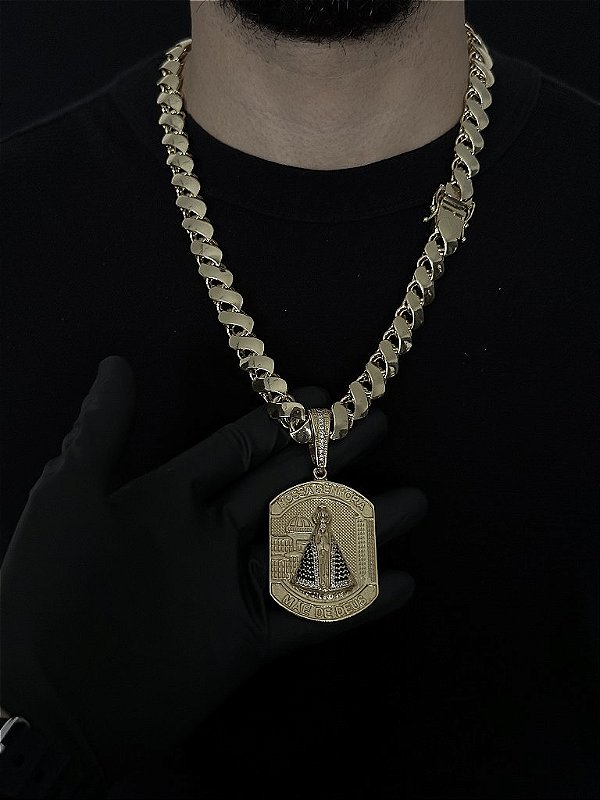 CORRENTE FRISO S DUPLA FACE ( 13mm- 70cm) + PINGENTE NOSSA SENHORA  - BANHADO A OURO 18K