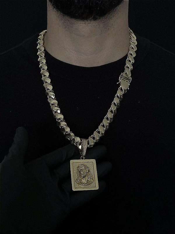 CORRENTE FRISO S DUPLA FACE ( 13mm- 70cm) + PINGENTE PLACA COM JESUS CRISTO - BANHADO A OURO 18K