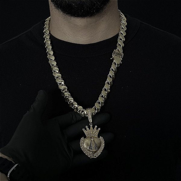 CORRENTE FRISO S DUPLA FACE ( 13mm- 70cm) + PINGENTE NOSSA SENHORA  COM COROA -  FECHO COM MARCAÇÃO 750 - BANHADO A OURO 18K