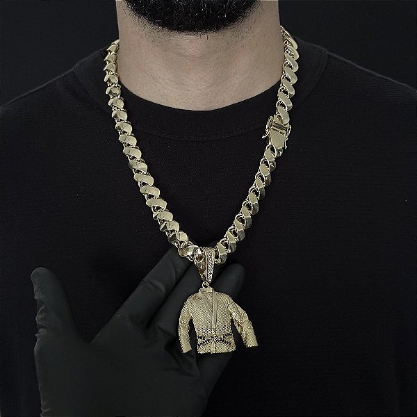 CORRENTE FRISO S DUPLA FACE ( 13mm- 70cm) + PINGENTE KIMONO FAIXA PRETA - FECHO COM MARCAÇÃO 750 - BANHADO A OURO 18K