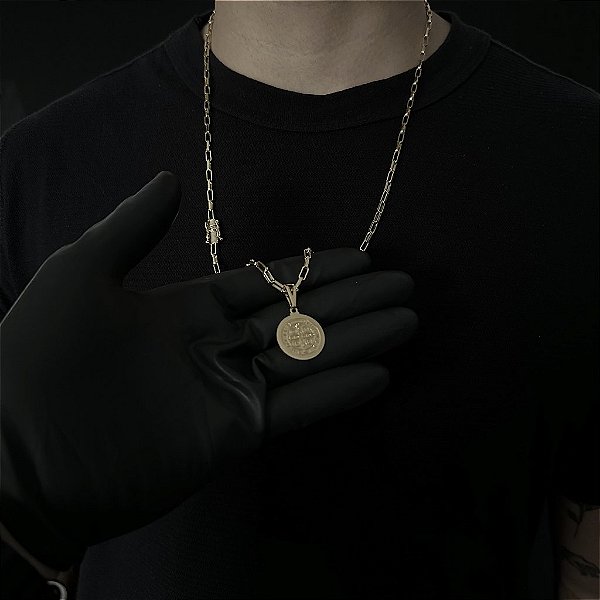 CORRENTE  TIJOLINHO ALONGADO (3mm - 18G 70 cm) + PINGENTE MEDALHA SÃO BENTO DUPLA FACE- FECHO COM MARCAÇÃO 750-  BANHO DE OURO 18k