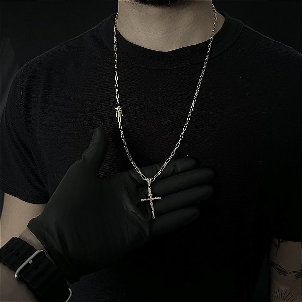 CORRENTE  TIJOLINHO ALONGADO (3mm - 18G 70 cm) + PINGENTE CRUCIFIXO - BANHO DE OURO 18k