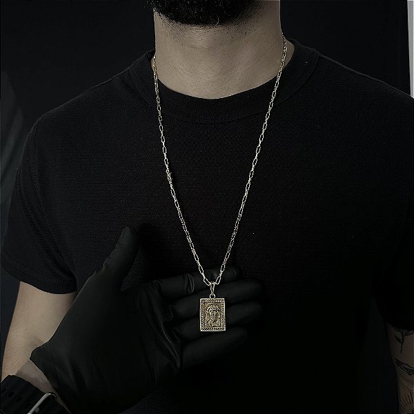 CORRENTE  TIJOLINHO ALONGADO (3mm - 18G 70 cm) + PINGENTE PLACA COM O ROSTO DE JESUS CRISTO- BANHO DE OURO 18k