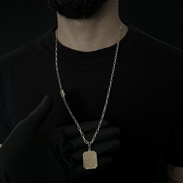 CORRENTE  TIJOLINHO ALONGADO (3mm - 18G 70 cm) + PINGENTE PLACA O SENHOR É MEU PASTOR- BANHO DE OURO 18k