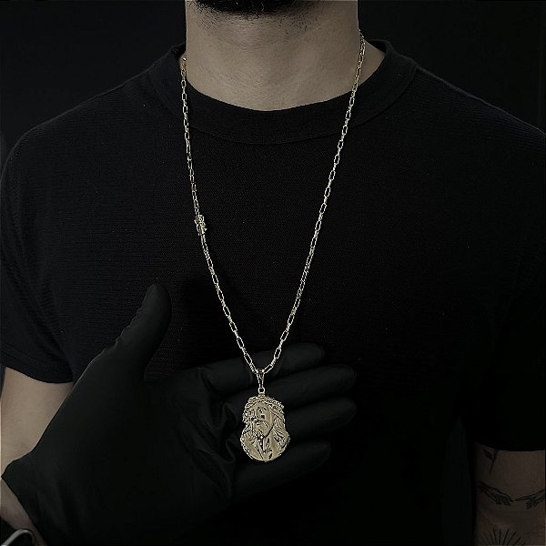 CORRENTE  TIJOLINHO ALONGADO (3mm - 18G 70 cm) + PINGENTE FACE DE JESUS 3D -FECHO COM MARCAÇÃO 750 - BANHO DE OURO 18k