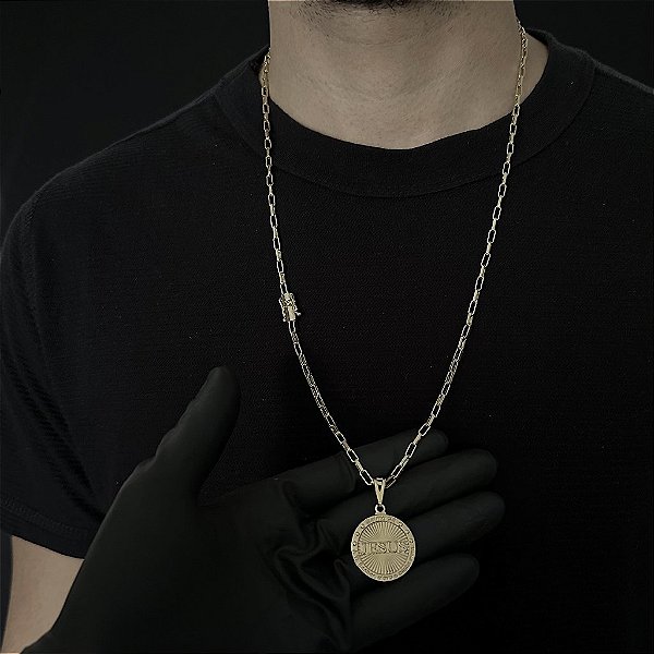 CORRENTE  TIJOLINHO ALONGADO (3mm - 18G 70 cm) + PINGENTE PLACA JESUS 3D- BANHO DE OURO 18k