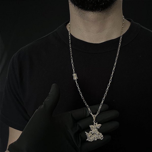 CORRENTE  TIJOLINHO ALONGADO (3mm - 18G 70 cm) + PINGENTE SÃO JORGE DETALHADO- BANHO DE OURO 18k