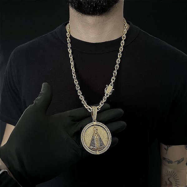 CORRENTE  CADEADO (8mm - 56G 70 cm) + PINGENTE NOSSA SENHORA E JESUS CRISTO ROTATÓRIO - BANHO DE OURO 18k