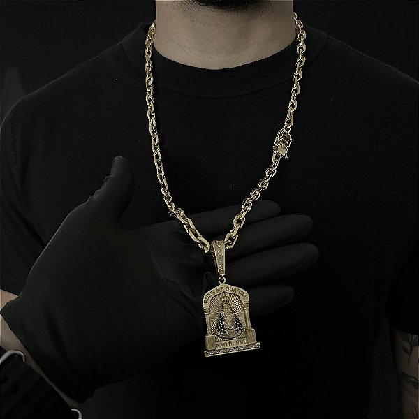 CORRENTE  CADEADO (8mm - 56G 70 cm) + PINGENTE NOSSA SENHORA TEMPLO JESUS NÃO DORME - BANHO DE OURO 18k