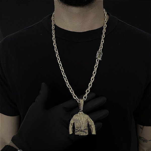 CORRENTE  CADEADO (8mm - 56G 70 cm) + PINGENTE KIMONO FAIXA PRETA G - BANHO DE OURO 18k