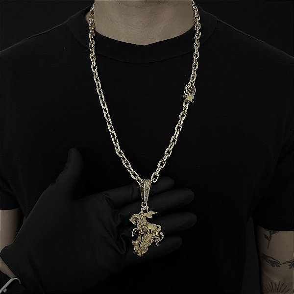 CORRENTE  CADEADO (8mm - 56G 70 cm) + PINGENTE SÃO JORGE DETALHADO G- BANHO DE OURO 18k