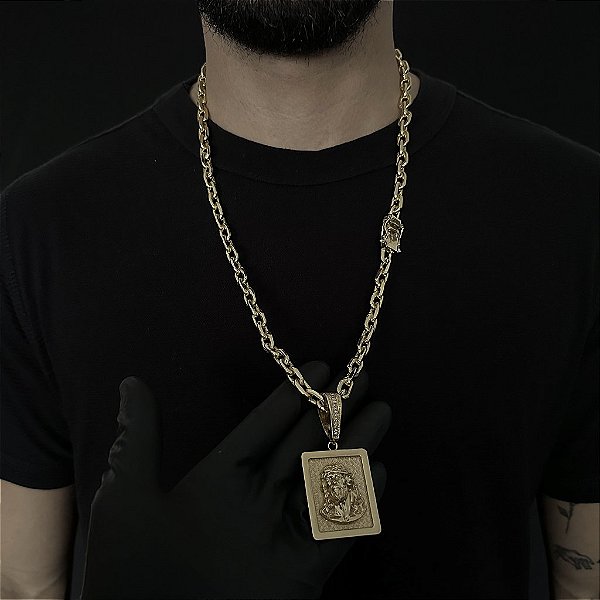 CORRENTE  CADEADO (8mm - 56G 70 cm) + PINGENTE PLACA COM A FACE DE JESUS G - FECHO COM MARCAÇÃO 750 - BANHO DE OURO 18k
