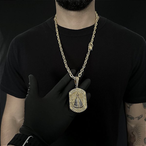 CORRENTE  CADEADO (8mm - 56G 70 cm) + PINGENTE NOSSA SENHORA MÃE DE DEUS- BANHO DE OURO 18k