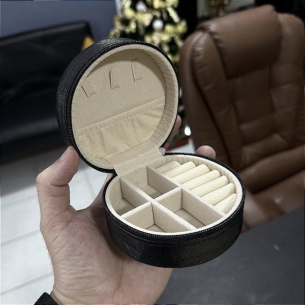 PORTA JOIAS DELUXE   REDONDO COM ZÍPER PRETO