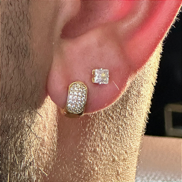 2 PARES DE BRINCOS CRAVEJADOS EM ZIRCÔNIA PREMIUM ARGOLA M E BRINCO QUADRADO 3MM  -  BANHADO A OURO 18K