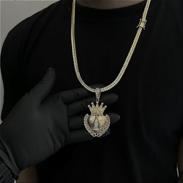 CORRENTE  LACRAIA FLAT  (6mm - 26G 70 cm) + PINGENTE CORAÇÃO  COM COROA NOSSA SENHORA  CRAVEJADO EM ZIRCÔNIA  PREMIUM - BANHO DE OURO 18k