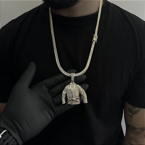 CORRENTE  LACRAIA FLAT  (6mm - 26G 70 cm) + PINGENTE KIMONO FAIXA PRETA CRAVEJADO EM ZIRCÔNIA  PREMIUM - BANHO DE OURO 18k