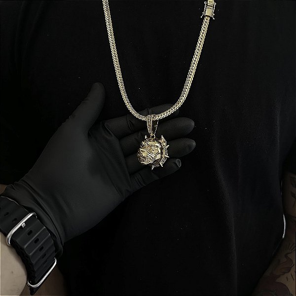 CORRENTE  LACRAIA FLAT  (6mm - 26G 70 cm) + PINGENTE  PITBULL 5D CRAVEJADO EM ZIRCÔNIA  PREMIUM - BANHO DE OURO 18k