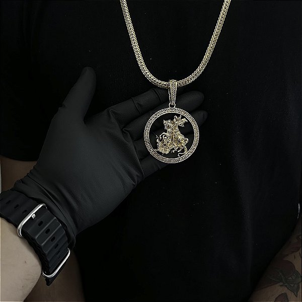 CORRENTE  LACRAIA FLAT  (6mm - 26G 70 cm) + PINGENTE  MEDALHA SÃO  JORGE CRAVEJADO EM ZIRCÔNIA  PREMIUM - BANHO DE OURO 18k
