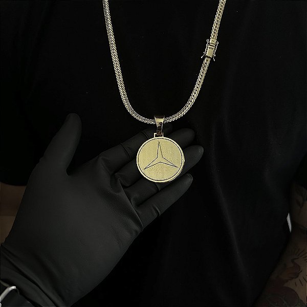CORRENTE  LACRAIA FLAT  (6mm - 26G 70 cm) + PINGENTE  MEDALHA MERCEDES - BANHO DE OURO 18k