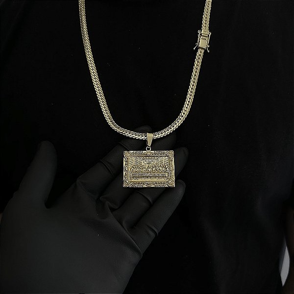CORRENTE  LACRAIA FLAT  (6mm - 26G 70 cm) + PINGENTE PLACA JESUS E APÓSTOLOS CRAVEJADO EM ZIRCÔNIA  PREMIUM - BANHO DE OURO 18k