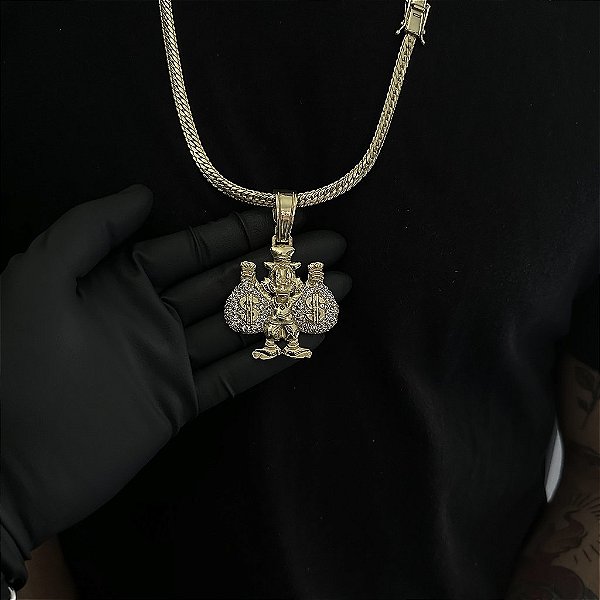 CORRENTE  LACRAIA FLAT  (6mm - 26G 70 cm) + PINGENTE TIO PATINHAS  CRAVEJADO EM ZIRCÔNIA  PREMIUM - BANHO DE OURO 18k