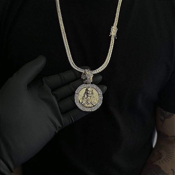 CORRENTE  LACRAIA FLAT  (6mm - 26G 70 cm) + PINGENTE JESUS CRISTO CRAVEJADO EM ZIRCÔNIA  PREMIUM - BANHO DE OURO 18k