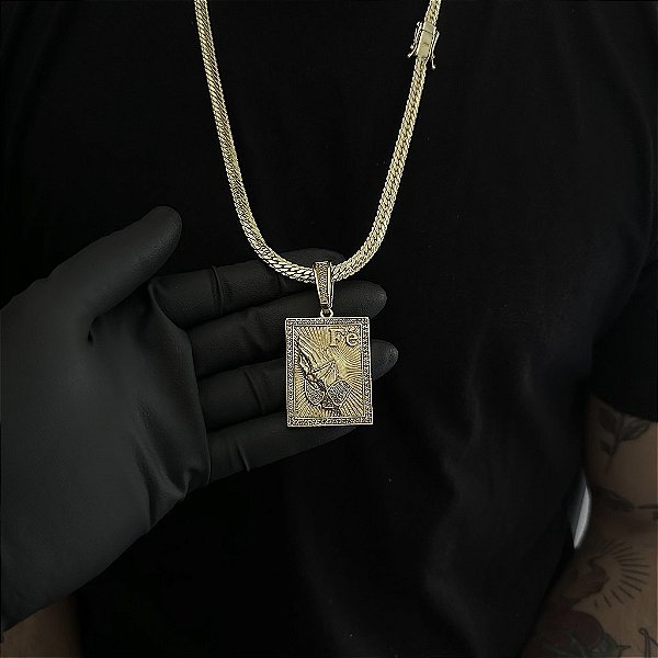 CORRENTE  LACRAIA FLAT  (6mm - 26G 70 cm) + PINGENTE PLACA FÉ CRAVEJADA EM ZIRCÔNIA  PREMIUM - BANHO DE OURO 18k