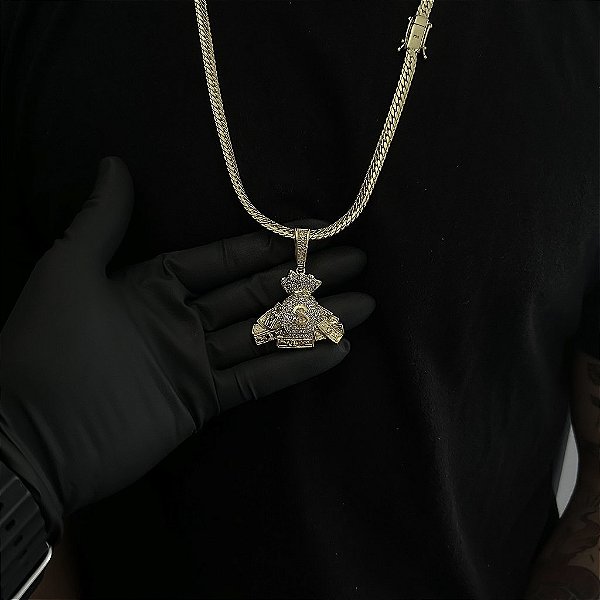 CORRENTE  LACRAIA FLAT  (6mm - 26G 70 cm) + PINGENTE MADOLE DÓLAR CRAVEJADO EM ZIRCÔNIA  PREMIUM - BANHO DE OURO 18k