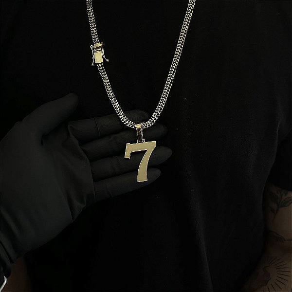 CORRENTE  GRUMET DUPLA  (7mm - 28g  70cm) + PINGENTE NÚMERO 7  G- BANHO DE OURO 18k