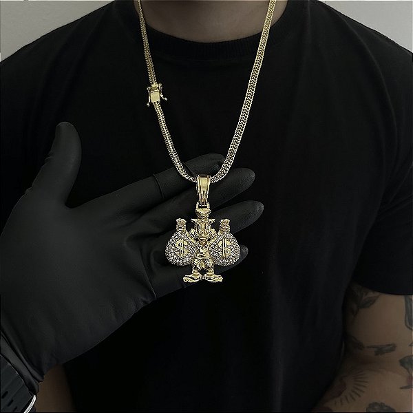 CORRENTE  GRUMET DUPLA  (7mm - 28g  70cm) + PINGENTE TIO PATINHAS CRAVEJADO EM ZIRCÔNIA  PREMIUM G - BANHO DE OURO 18k