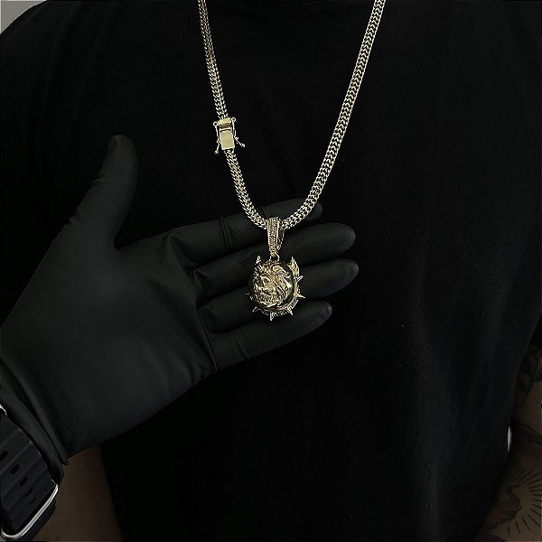 CORRENTE  GRUMET DUPLA  (7mm - 28g  70cm) + PINGENTE PITBULL 5D CRAVEJADO EM ZIRCÔNIA  PREMIUM G - BANHO DE OURO 18k