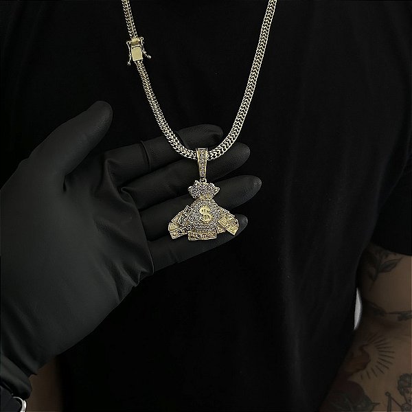 CORRENTE  GRUMET DUPLA  (7mm - 28g  70cm) + PINGENTE MALOTE DÓLAR  CRAVEJADO EM ZIRCÔNIA  PREMIUM G - BANHO DE OURO 18k