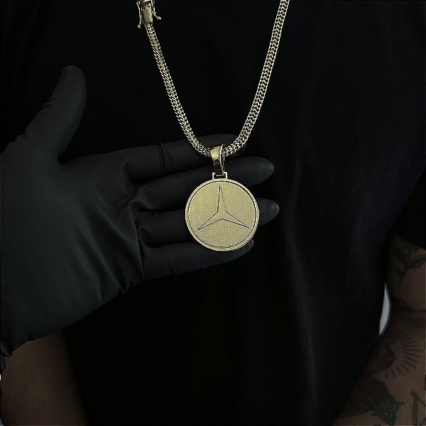 CORRENTE  GRUMET DUPLA  (7mm - 28g  70cm) + PINGENTE MEDALHA MERCEDES G - BANHO DE OURO 18k