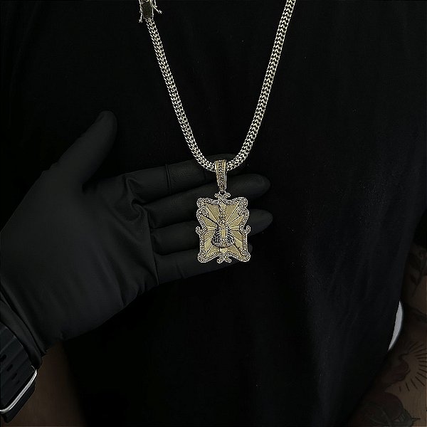 CORRENTE  GRUMET DUPLA  (7mm - 28g  70cm) + PINGENTE PLACA NOSSA SENHORA CRAVEJADA EM ZIRCÔNIA PREMIUM G - BANHO DE OURO 18k