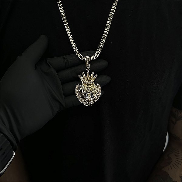 CORRENTE  GRUMET DUPLA  (7mm - 28g  70cm) + PINGENTE CORAÇÃO NOSSA SENHORA CRAVEJADA EM ZIRCÔNIA PREMIUM G - BANHO DE OURO 18k