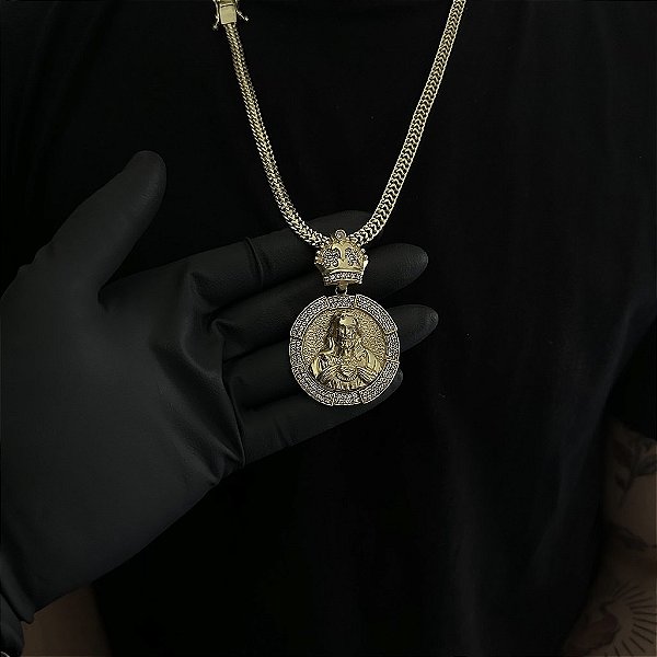 CORRENTE  GRUMET DUPLA  (7mm - 28g  70cm) + PINGENTE JESUS CRISTO COM COROA 5D  CRAVEJADA EM ZIRCÔNIA PREMIUM G - BANHO DE OURO 18k