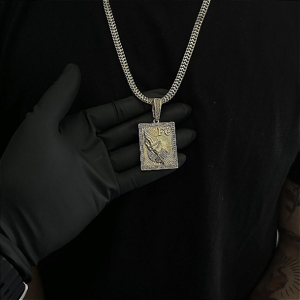 CORRENTE  GRUMET DUPLA  (7mm - 28g  70cm) + PINGENTE PLACA FÉ  COM MÃO CRAVEJADA EM ZIRCÔNIA PREMIUM G - BANHO DE OURO 18k