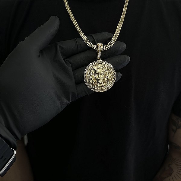 CORRENTE  GRUMET DUPLA  (7mm - 28g  70cm) + PINGENTE MEDALHA MEDUSA  CRAVEJADA EM ZIRCÔNIA PREMIUM G - BANHO DE OURO 18k