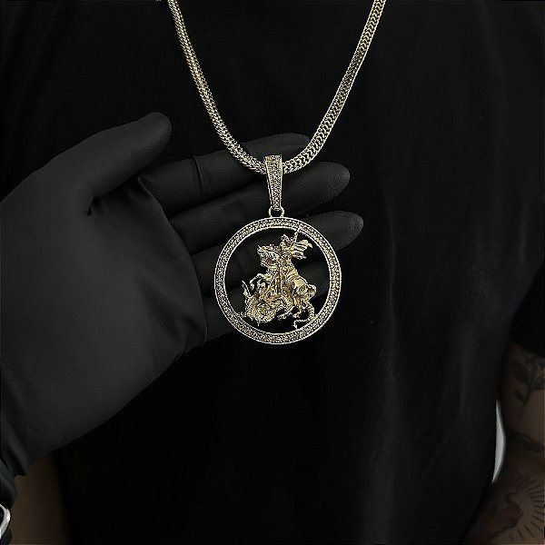 CORRENTE  GRUMET DUPLA  (7mm - 28g  70cm) + PINGENTE MEDALHA SÃO  JORGE CRAVEJADA EM ZIRCÔNIA PREMIUM G - BANHO DE OURO 18k