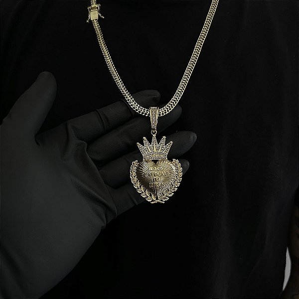 CORRENTE  GRUMET DUPLA  (7mm - 28g  70cm) + PINGENTE CORAÇÃO COM COROA JESUS É O DONO DO LUGAR CRAVEJADA EM ZIRCÔNIA PREMIUM G - BANHO DE OURO 18k
