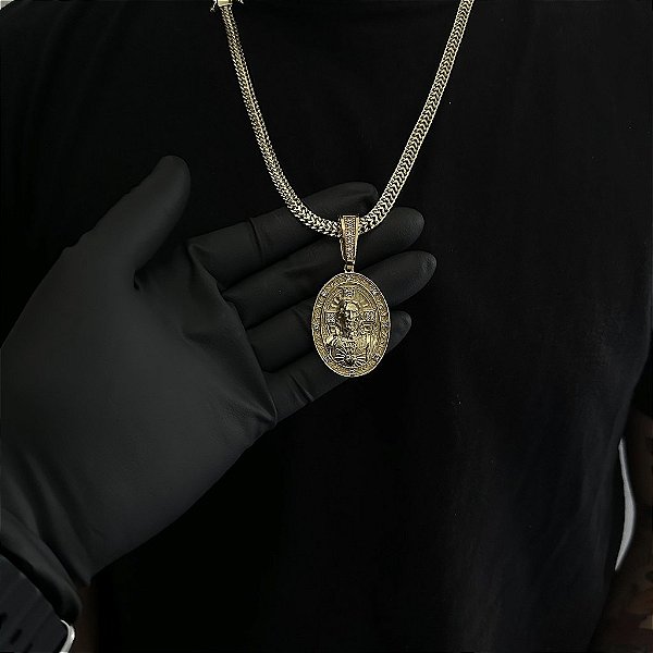 CORRENTE  GRUMET DUPLA  (7mm - 28g  70cm) + PINGENTE MEDALHA OVAL JESUS CRISTO CRAVEJADA EM ZIRCÔNIA PREMIUM G - BANHO DE OURO 18k