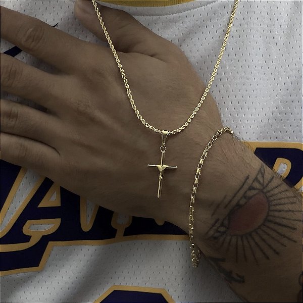 CORRENTE BAIANA (2MM- 70CM) + PINGENTE CRUZ AMARRADA E PULSEIRA TIJOLINHO  (2MM- 21CM) - BANHADO A OURO 18K