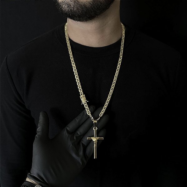 CORRENTE PIASTRINE ( 7mm- 70Cm) + PINGENTE CRUZ AMARRADA  MACIÇA - BANHADA A OURO 18k