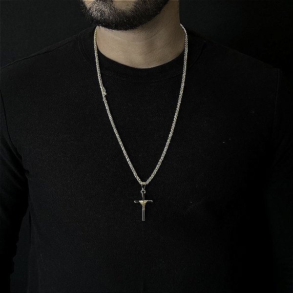 CORRENTE PERUANA ( 5mm- 70Cm) + PINGENTE CRUZ AMARRADA  MACIÇA - BANHADA A OURO 18k