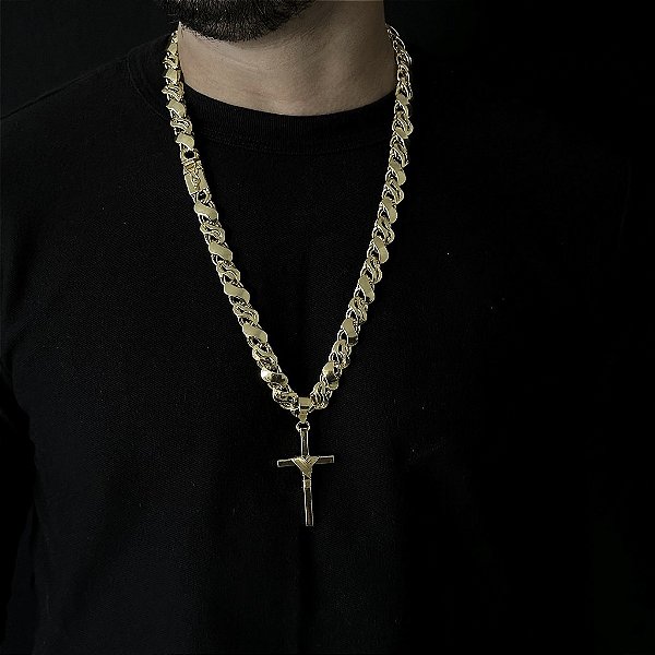 CORRENTE FRISO S VAZADA ( 13mm - 70Cm) + PINGENTE CRUZ AMARRADA  MACIÇA - BANHADO A OURO 18k