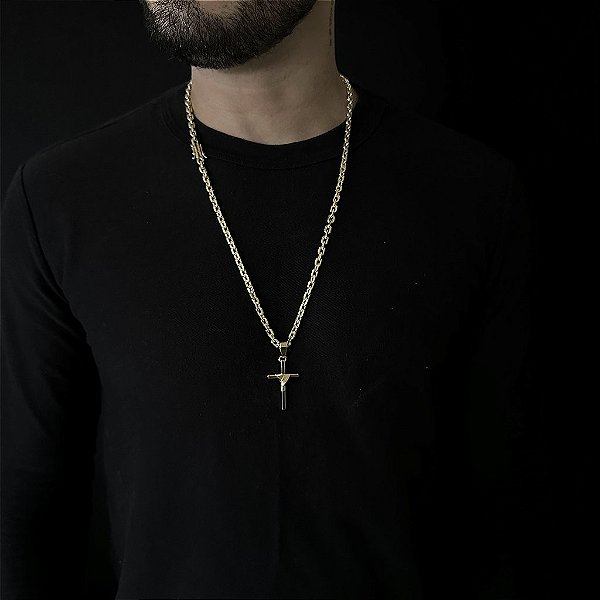CORRENTE CADEADO ( 5mm - 70Cm) + PINGENTE CRUZ AMARRADA  MACIÇA - BANHADO A OURO 18k